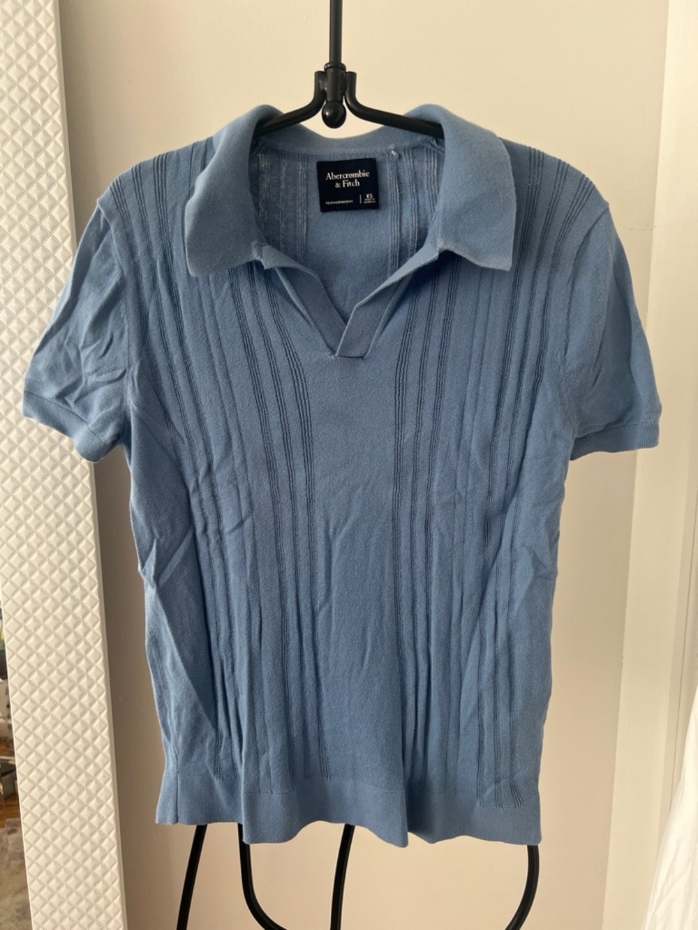 Abercrombie & Fitch Men’s Light Blue Ribbed Short-Sleeve Polo
